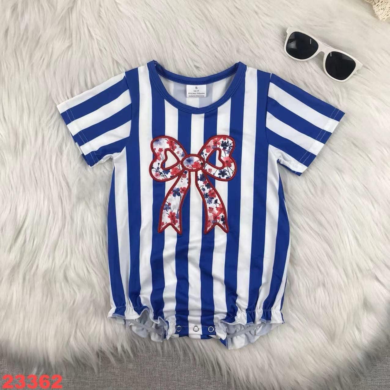 Blue Stripe Applique Bow Romper