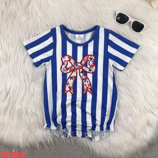 Blue Stripe Applique Bow Romper